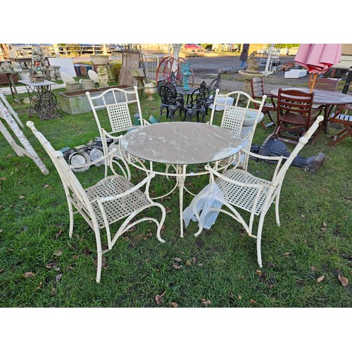 7356 - A set of bamboo effect metal garden table and four chairs, one chair a/f  (R)  £100