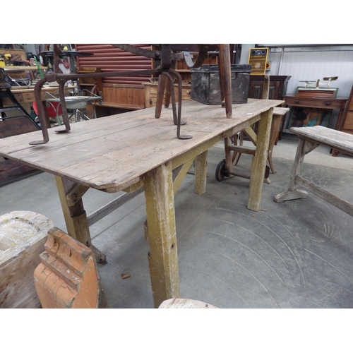 2016 - A 19th Century rustic pine work table with painted base  65 x 175 cm