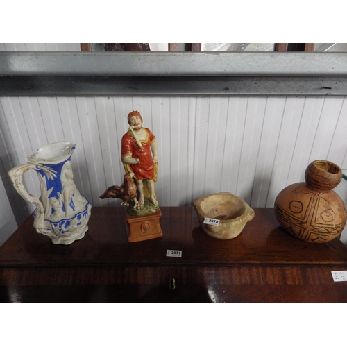 2078 - Three pieces of pottery and a gourd