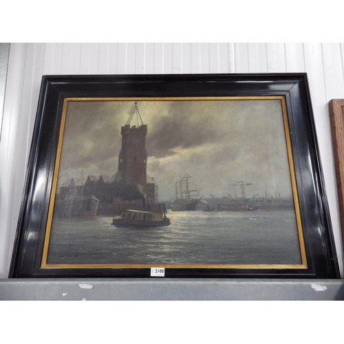 2100 - A Victorian oil on canvas of a harbour scene