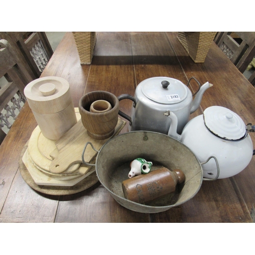 2183 - Pine bread boards and chopping boards, enamel teapot, etc