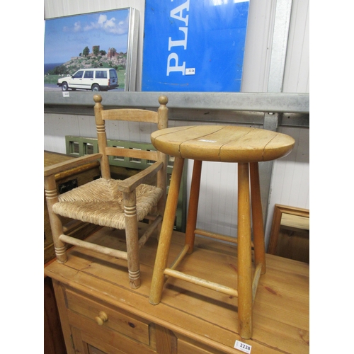 2227 - A beech stool and rush child's chair