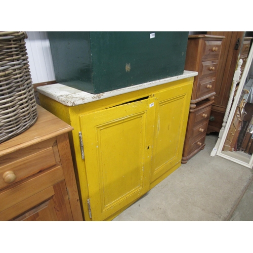 2231 - A bright yellow Victorian painted pine two door cupboard with white top