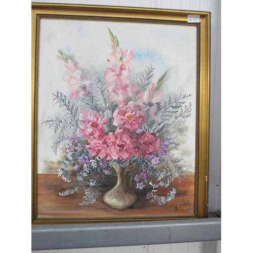 2307 - A Bubbles Pears print, oil still life, vase of flowers and gilt framed print 