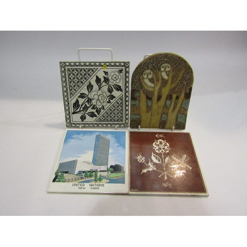 4230 - Four various tiles including United Nations, Coronation and owls in tree