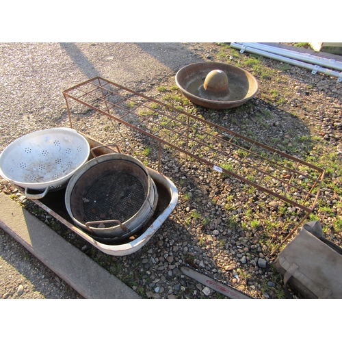 3243 - A metal stand, soil sieve, galvanised trough etc