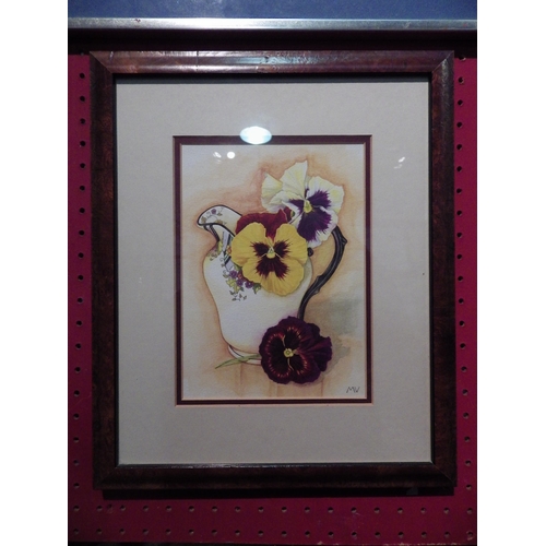 1078 - A still-life image of pansies in jug, monogrammed MV lower right, framed and glazed, 20cm x 15cm ima... 