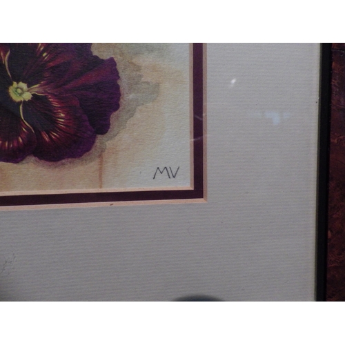 1078 - A still-life image of pansies in jug, monogrammed MV lower right, framed and glazed, 20cm x 15cm ima... 