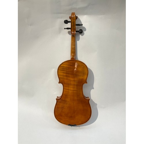 9038 - A modern violin, full size (4/4), single piece back, 59.5cm total length, no label, cased with moder... 