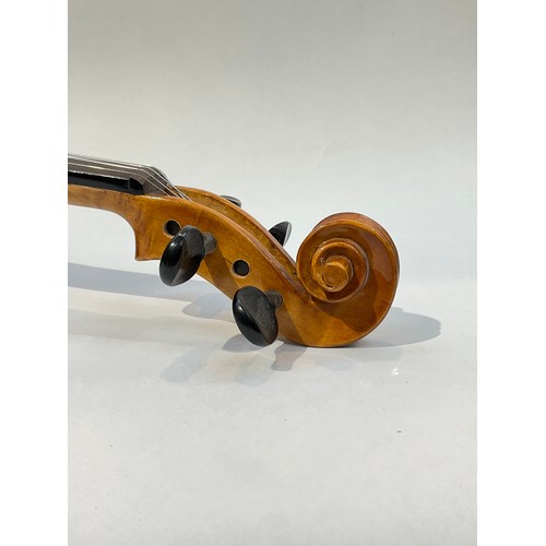 9038 - A modern violin, full size (4/4), single piece back, 59.5cm total length, no label, cased with moder... 