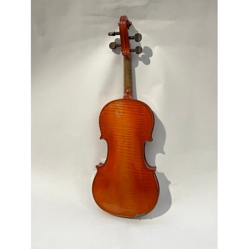 9035 - A French violin labelled Breton Brevete, also stamped Breton on the button, 59.5cm total length, uns... 