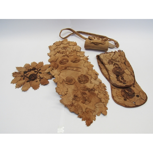 8018 - Native American circa 1900's chamois leather applique pieces to include a small handbag and other de... 