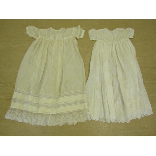 8020 - Two pairs of Victorian lace baby shoes and two circa 1900 baby dresses in silk and cotton