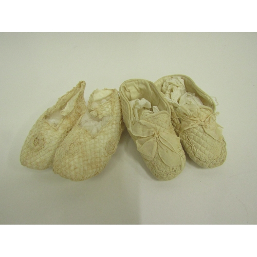 8020 - Two pairs of Victorian lace baby shoes and two circa 1900 baby dresses in silk and cotton