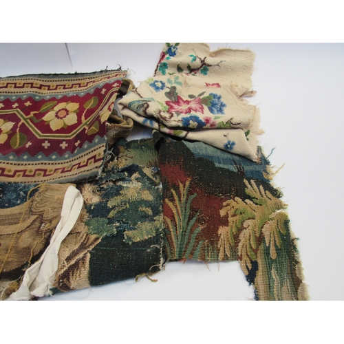 8023 - Various country house tapestry remnants and two fine linen textiles with an embroidered wool crewelw... 