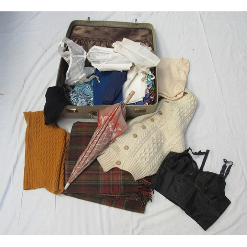 8043 - A bygone suit case containing ladies and gents mid 20th Century clothing, underwear and fashion acce... 