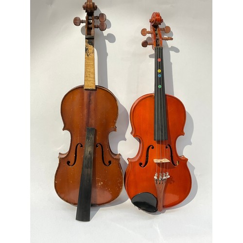 9055 - A box of mixed including violin and cello parts, recorders and music together with two violins