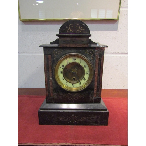 1029 - A Victorian black slate mantel clock, Arabic numerated dial, architectural form, 32cm tall