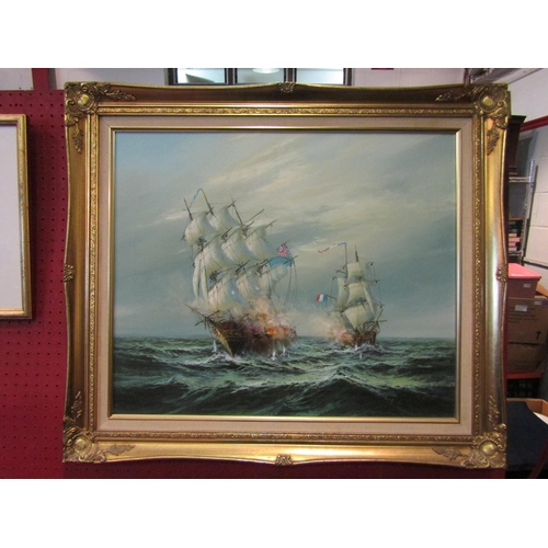 1058 - R.DAVIS: A 20th Century gilt framed oil on canvas depicting French and British galleons in battle at... 