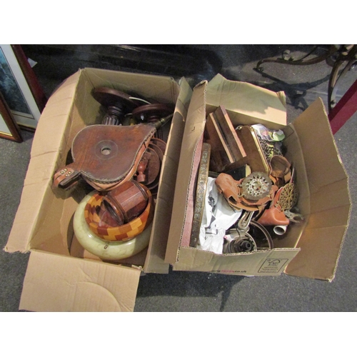 1073 - Two boxes of mostly wooden and metal wares including a pair of bellows, table lamp bases, Cambridge ... 