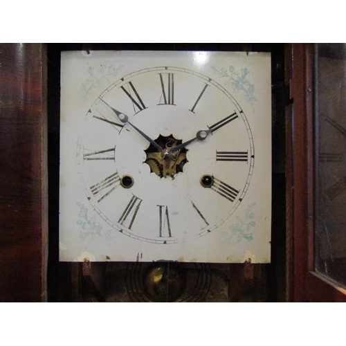 1080 - An American wall clock with Roman numerals and glass panel depicting female, with pendulum and key