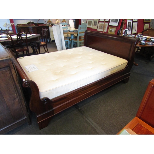 1108 - A mahogany sleigh bed with mattress, 102cm tall x 160cm wide x 230cm long