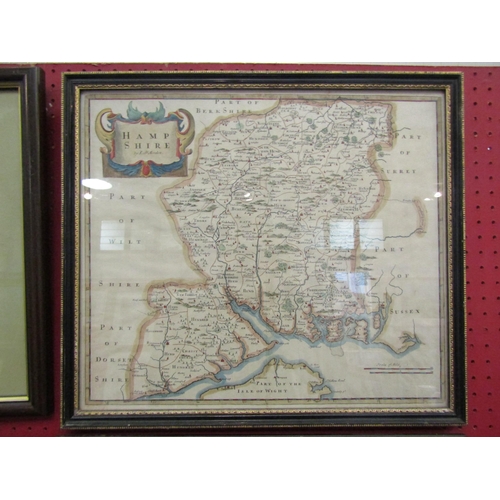 1123 - A hand coloured engraved map of Hampshire by Robert Morden, circa 17th Century, framed and glazed, t... 