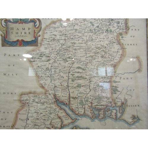 1123 - A hand coloured engraved map of Hampshire by Robert Morden, circa 17th Century, framed and glazed, t... 