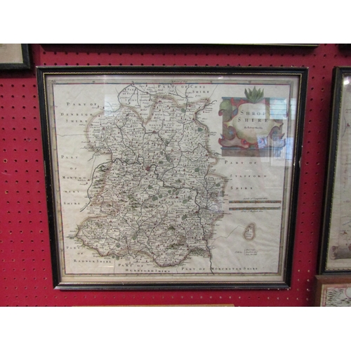 1130 - A hand coloured engraved map of Shropshire by Robert Morden, circa 17th Century, framed and glazed, ... 