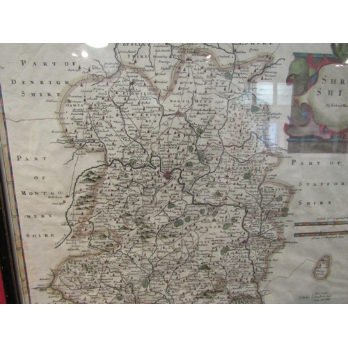 1130 - A hand coloured engraved map of Shropshire by Robert Morden, circa 17th Century, framed and glazed, ... 