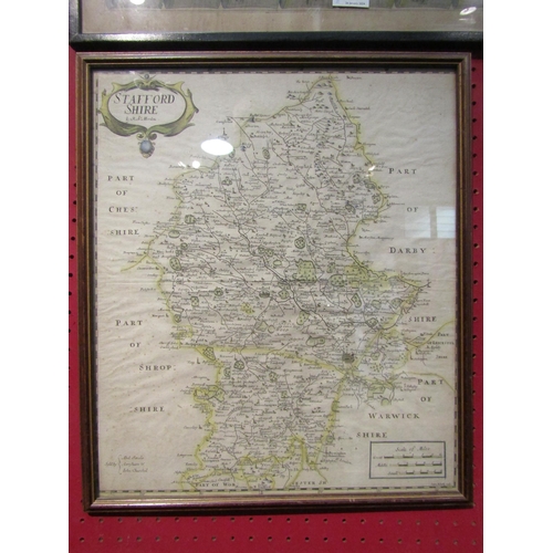 1133 - A hand coloured engraved map of Staffordshire by Robert Morden, circa 17th Century, framed and glaze... 