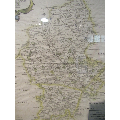 1133 - A hand coloured engraved map of Staffordshire by Robert Morden, circa 17th Century, framed and glaze... 