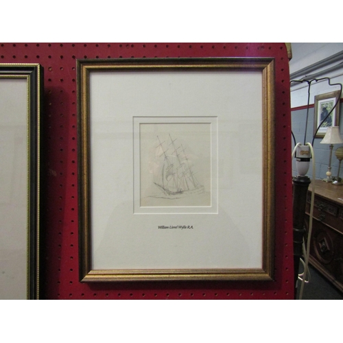 1135 - W. L. WYLLIE: Pencil sketch of a frigate, framed and glazed, 13cm x 11cm image size