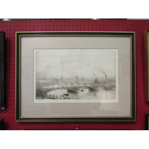 1138 - W.L. WYLLIE: Etching of bridges over the Thames river, London, pencil signed, framed and glazed, 22.... 