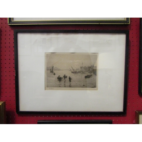 1139 - W.L. WYLLIE: Etching of harbour scene of beached sailing boats at low tide, pencil signed, framed an... 