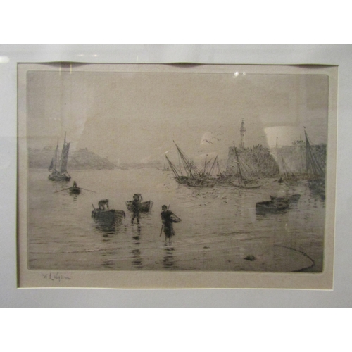 1139 - W.L. WYLLIE: Etching of harbour scene of beached sailing boats at low tide, pencil signed, framed an... 