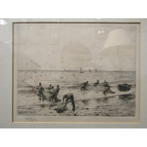 1140 - W.L. WYLLIE: Etching of fishermen landing nets onto th beach, pencil signed, framed and glazed, 15cm... 