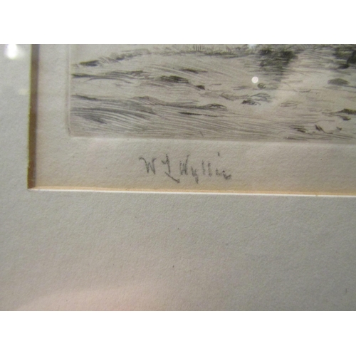 1140 - W.L. WYLLIE: Etching of fishermen landing nets onto th beach, pencil signed, framed and glazed, 15cm... 