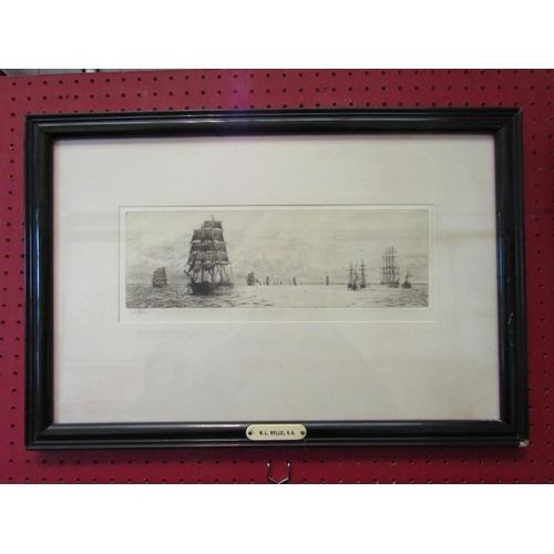 1141 - W.L. WYLLIE: Etching of a fleet of frigates, some at anchor, pencil signed, framed and glazed, 10.5c... 