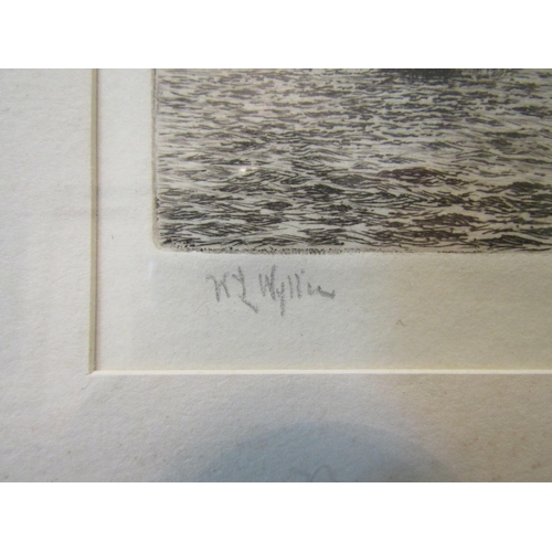 1141 - W.L. WYLLIE: Etching of a fleet of frigates, some at anchor, pencil signed, framed and glazed, 10.5c... 