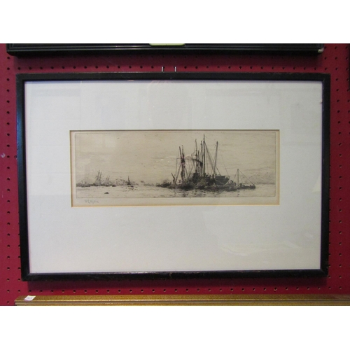 1142 - W.L. WYLLIE: Etching of a ship unloading at sea, pencil signed, framed and glazed, 15cm x 20cm size