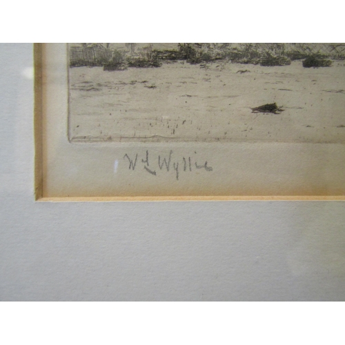 1142 - W.L. WYLLIE: Etching of a ship unloading at sea, pencil signed, framed and glazed, 15cm x 20cm size