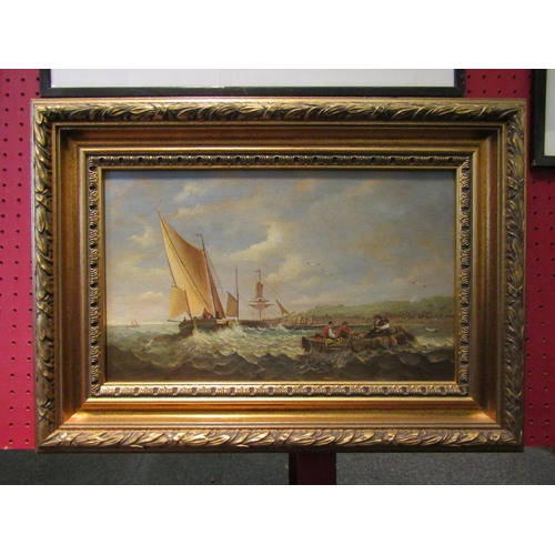 1143 - An oil on board, coastal scene with rowing boat and sailing vessels, framed, 23.5cm x 39cm image siz... 