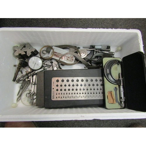 1184 - A box of engineers tools and drawing instruments including Mitutoyo micrometer gauge and Schnelltast... 