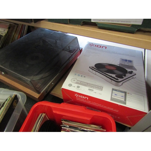 1187 - An Ion portable USB turntable, a Sansui record player and two boxes of records