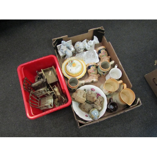 1192 - Two boxes containing a selection of ceramics and ornaments including cottages, jugs etc. brassware i... 