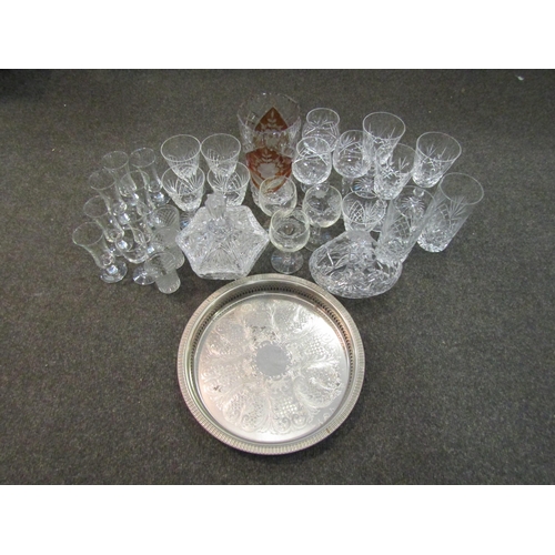 1200 - A box of glassware and a plated galleried tray