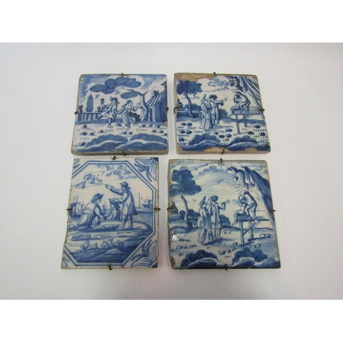 1206 - Four circa 19th Century Delft tiles depicting a couple dancing, a couple viewing a performance and a... 