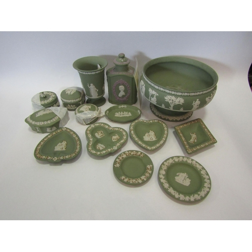 1209 - A selection of Wedgwood green Jasperware including teapoy, vase, trays, etc.