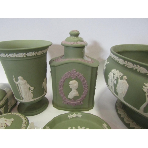 1209 - A selection of Wedgwood green Jasperware including teapoy, vase, trays, etc.